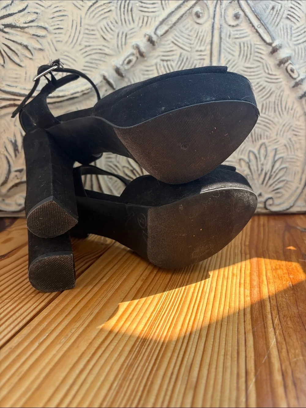 Black Platform Peep-Toe Ankle Strap Heels - Women